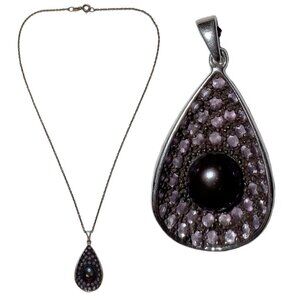 Tahitian Peacock Pearl Pink Tourmaline Scoop Teardrop Pendant Sterling Silver